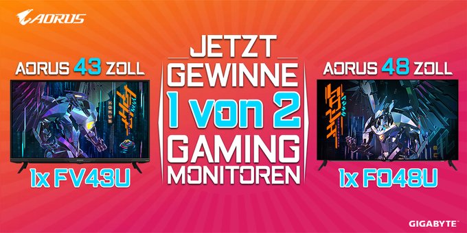 GIGABYTE_DE's tweet photo. ★ GIGABYTE AORUS GAMING MONITOR GEWINNAKTION

★ Jetzt 1 von 2 AORUS Gaming Monitoren (1x FV43U | 1x FO48U) im Gesamtwert von 2.700€ mit etwas Glück gewinnen! 

Zur Aktion: https://t.co/DLUlqfO3qD 

#GIGABYTE #AORUS #4K #4KMonitors #Monitor https://t.co/CZdYoOKnC5