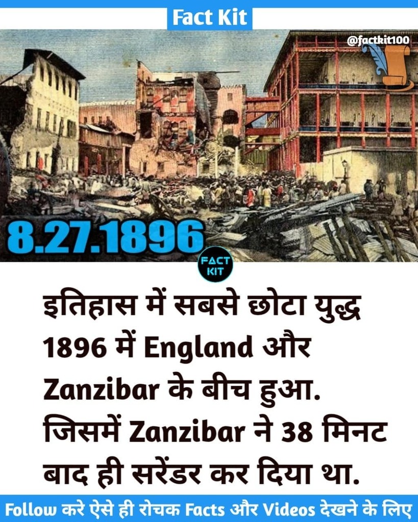 factkit100's tweet photo. Shortest War 🤔
Follow @factkit100 for more amazing and unique facts 🔥

#facts #fact #knowledge #war #didyouknow #instagram #factsdaily #wars #india #factsoflife #follow #fight #knowledgeispower #dailyfacts #gk #factz #gkindia #amazingfacts  #rochakta… https://t.co/kriItKukXH https://t.co/YyEDMN8WF9