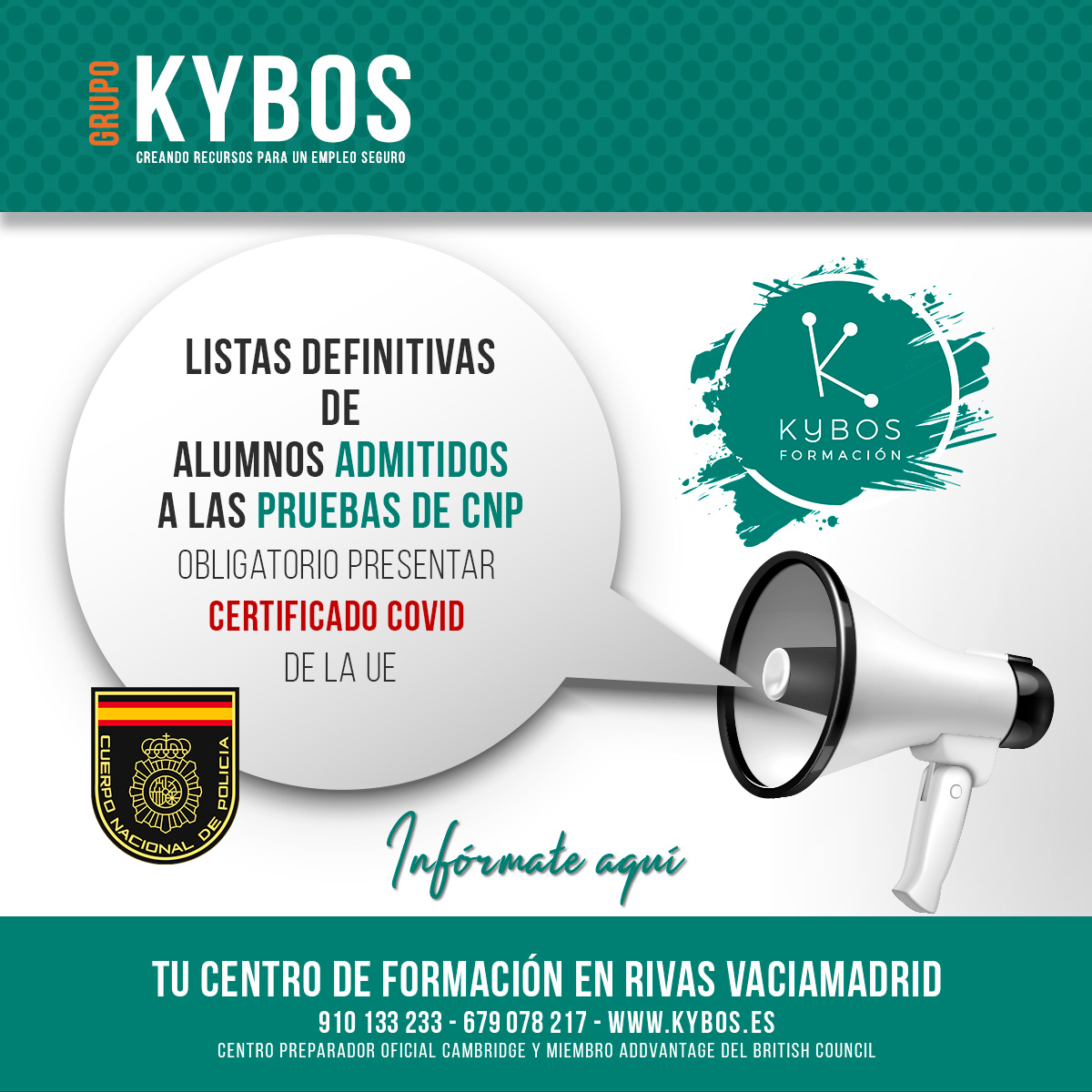 KybosFormacion's tweet photo. KYBOS OPOSICIONES – “Centro Preparador de Oposiciones”
Listas de alumnos admitidos a las pruebas de CNP.
Ante la situación COVID: https://t.co/J9rkAz3iOy
URL Procesos Selectivos P.N.: https://t.co/kKTHtSrX0g
info@kybos.es | 910 133 233
#centrodeoposiciones #opsociones https://t.co/BT4lrXat4e