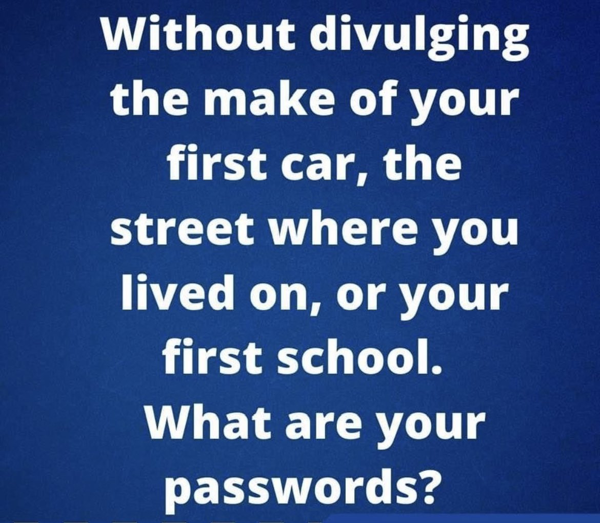 CyberWhiteLtd's tweet photo. Think twice before answering questions and quizzes on social media. This is what they want! #socialengineering #questions #passwords #staysafeonline #thinktwice https://t.co/c3qj30WUBU
