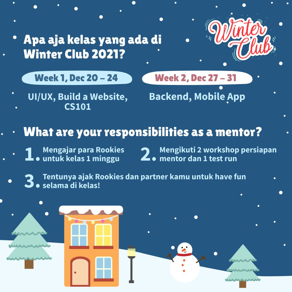 KampusUpdate's tweet photo. Mau dapet pengalaman mengajar STEM yang seru?
Pas banget, registrasi mentor untuk Winter Club 2021 udah buka
Winter Club adalah acara workshop tahunan @GenGirlID dimana anak anak perempuan SMP-SMA dapat belajar berbagai topik STEM!
Cek gambar dibawah yaaaππ»
#KUMediaPartner https://t.co/blrtxipyYC
