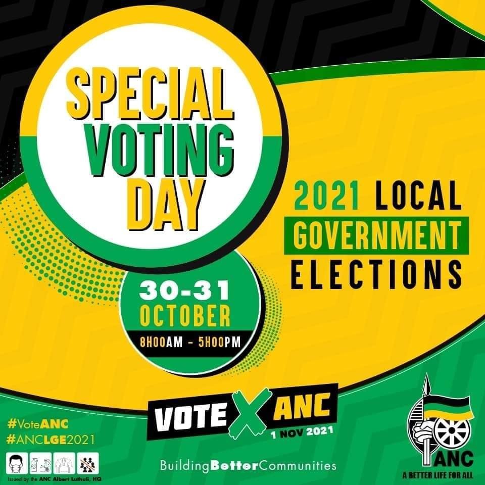 Special Voting Day @ 30 &amp; 31 October 2021. 
#BuildingBetterCommunities
#voteANC2021
#ANCLives
@MyANC 
<a href="/Amanda_Tshemese/">Amanda Tshemese❤️</a> 
<a href="/Jamilogy/">Ayanda Jam</a> 
<a href="/pearlido/">Pearly-Pearl</a> 
<a href="/TitoMzamo/">Tito Mzamo</a> 
<a href="/tassarawilson/">Tasara W Makamure 🇿🇼🇿🇦</a> 
<a href="/aliasjustq/">Tefo Mphuthi</a>