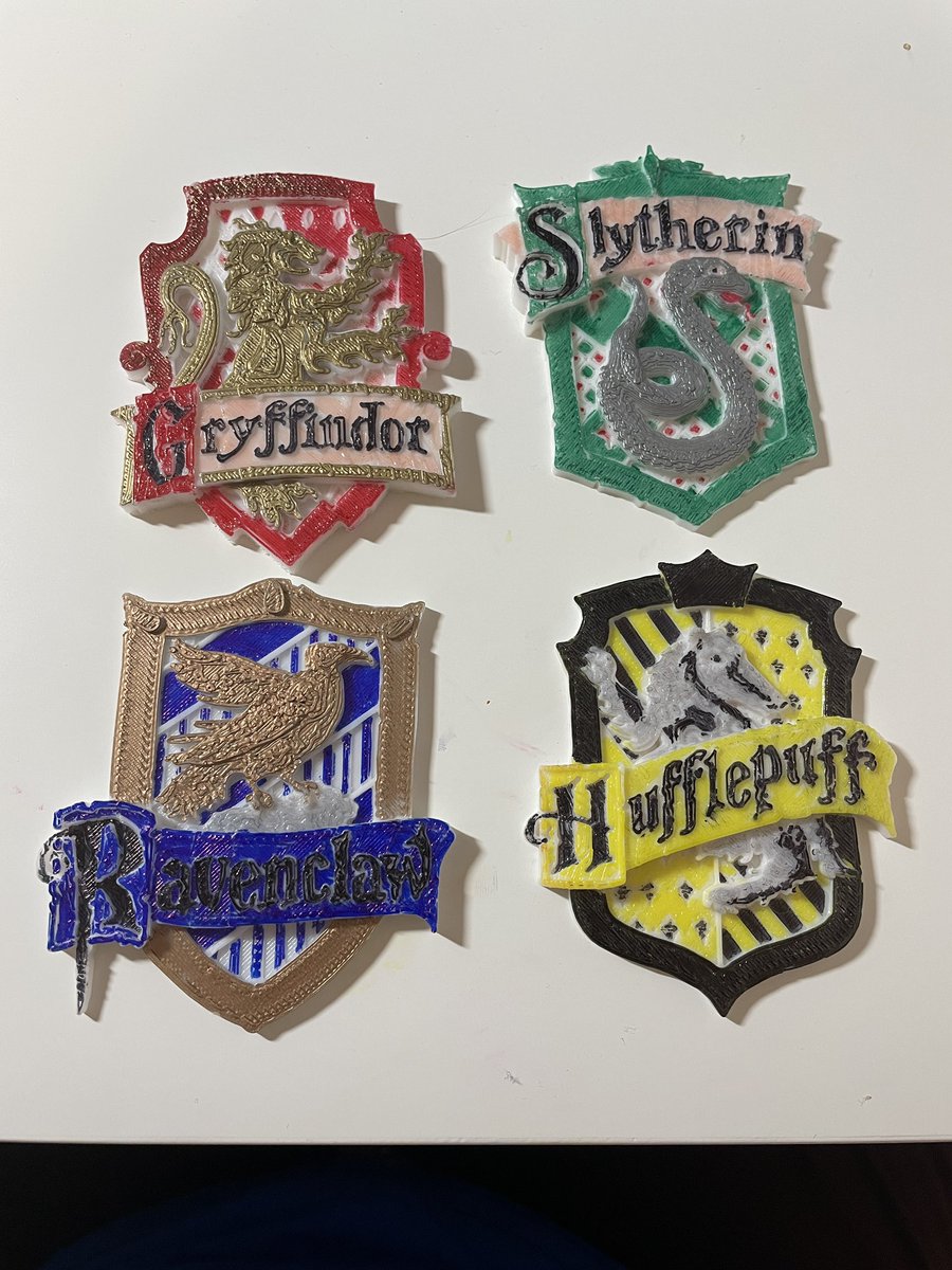 Friday night fun, colouring in 3D print models! #harrypotter #gryffindor #ravenclaw #hufflepuff #slytherin
