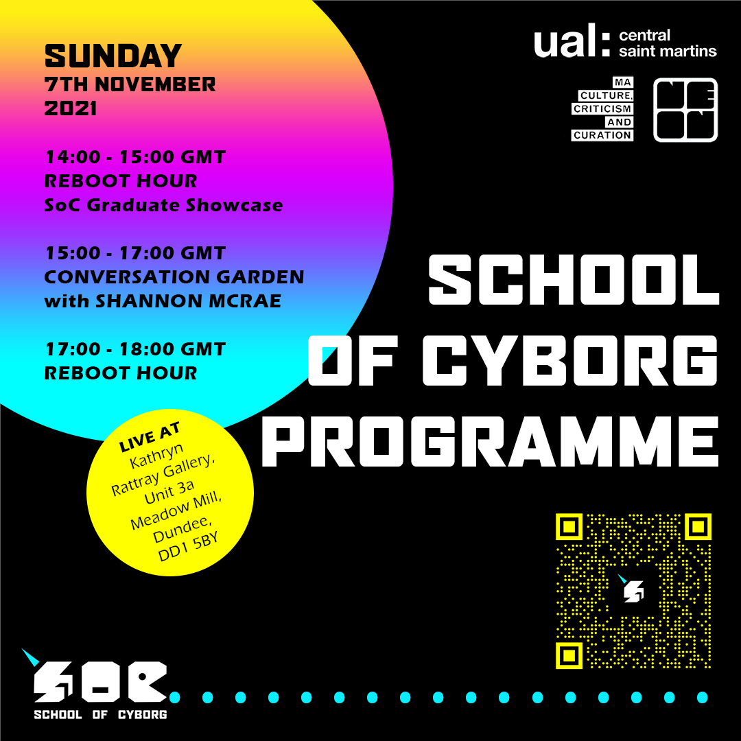 Here's the official programme for the SoC weekend!
Tickets for the online venues are on eventbrite (LINK IN BIO!) If you want to reserve a in-person seat, drop us a DM!

#cyborg #digitalart #digital #art #technology #artificialintelligence #queerart #artweekend #arttalks