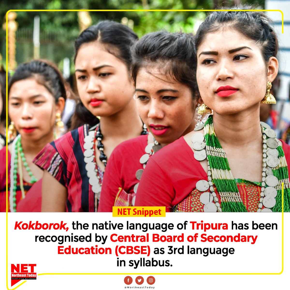 NortheastToday's tweet photo. #Tripura | Kokborok is now added to CBSE syllabus.
Kokborok, the native language of Tripura has been recognised by Central Board of Secondary Education (CBSE) as 3rd language in syllabus.
@mygovtripura @tripura_cmo @cbseindia29
#northeasttoday #languagerecognition #kokborok https://t.co/UzlJNjThhh