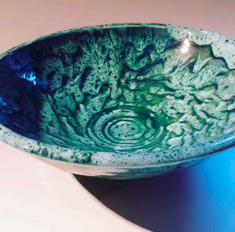 NMPottery's tweet photo. Large bowl with Copper Green glaze and wax resist decoration. Getting ready for shows at Christmas in Oxford Broad Street and beyond! https://t.co/unwohxt7EX