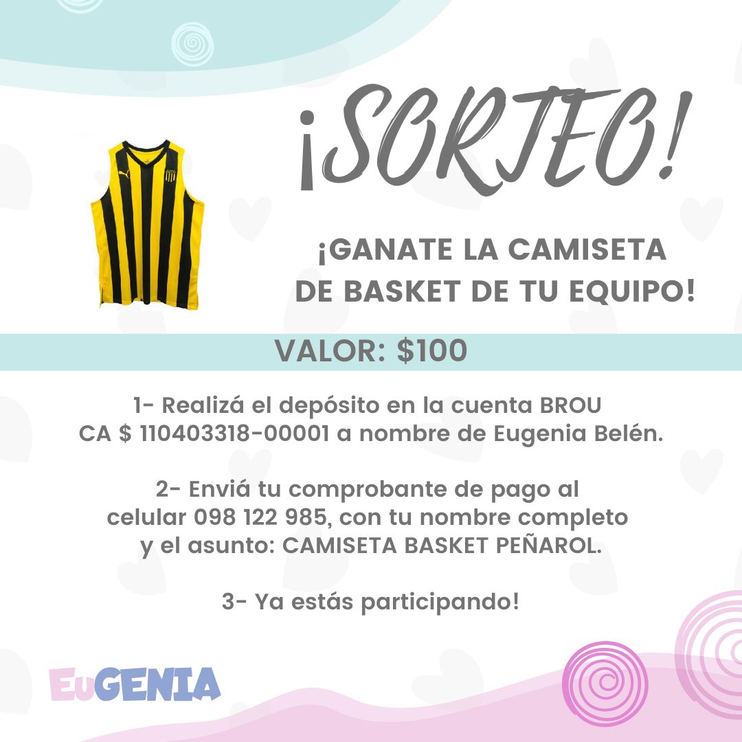 🌸 SORTEO 🌸

➤ GANATE LA CAMISETA DE BASKET DE PEÑAROL:
Talle L
Sin número 
Sin sponsor 

•El sorteo se realizará el 01/11•

<a href="/OficialCAP/">PEÑAROL</a> 
<a href="/BasketCAPuy/">PEÑAROL | Basketball</a> 
<a href="/AloPenarolRadio/">Fútbol a lo Peñarol</a> 
<a href="/FemeninoCAP/">PEÑAROL | Femenino</a> 
<a href="/FormativasCAP/">PEÑAROL | Formativas</a> 
<a href="/capmuseo/">MUSEO PEÑAROL | J.C.Domínguez</a> 
<a href="/CAPatletismo/">PEÑAROL | Atletismo</a> 
<a href="/VictorManuelBR/">𝘝𝘪𝘤𝘵𝘰𝘳 𝘔𝘢𝘯𝘶𝘦𝘭 𝘉𝘦𝘥𝘳𝘰𝘴𝘴𝘪𝘢𝘯</a> 

#EuGENIA
#EugePequeñaGranGenia