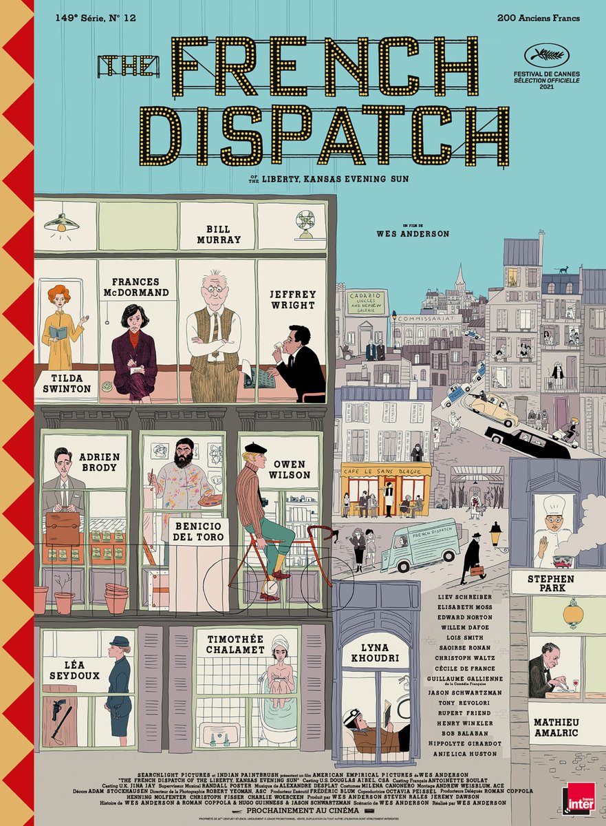 MrDoomBoy's tweet photo. Chers amis cinéphiles, je vous adore, mais j'ai du mal à comprendre l'hallucination collective qui plane autour de The French Dispatch.

J'ai été conquis de A à Z par cet objet filmique à la croisée des arts, avec son rythme certes imparfait, mais hypnotisant. Coup de cœur https://t.co/VZOyobTxdr