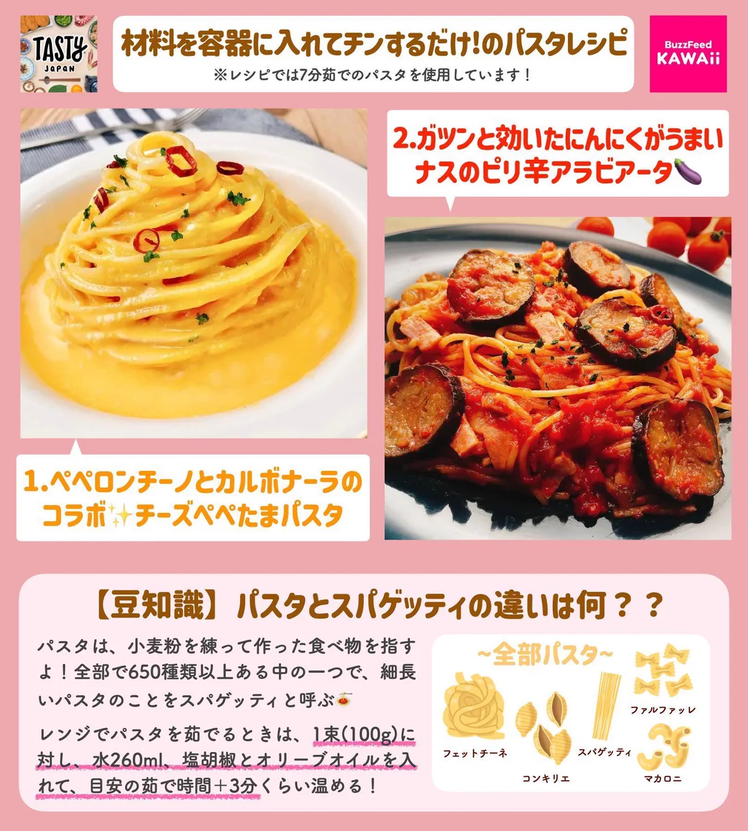簡単&お手軽で、料理初心者さんでも作れそう！電子レンジで作れるパスタレシピ！