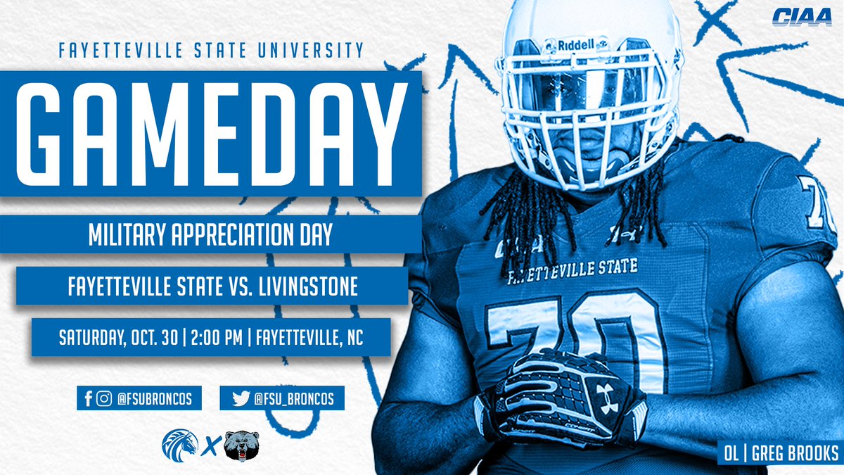 FSUBroncos's tweet photo. IT'S GAMEDAY‼️🏈🐴

🪖 Military Appreciation Game
🆚 @lcbluebears 
🏟️ Luther "Nick" Jeralds Stadium
📍 Fayetteville, NC
⏰ 2:00 PM
📺 https://t.co/DJGsQbXB7A
📊 https://t.co/jav9mIN3sH

#BroncoPride #BeatLC https://t.co/zHpdmFz7H2