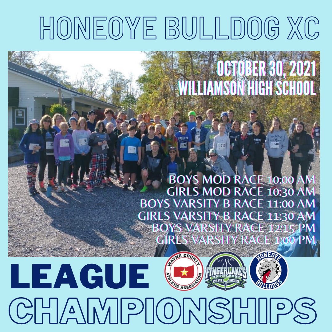 HoneoyeSports's tweet photo. It's LEAGUE CHAMPIONSHIP DAY for the Cross Country Teams as they travel to Williamson High School. Race times have already changed after all the rain.  Please note the  $5 Parking Fee.  #MudIsFun  #RunBulldogsRun #Take2 https://t.co/psKUUouxGY