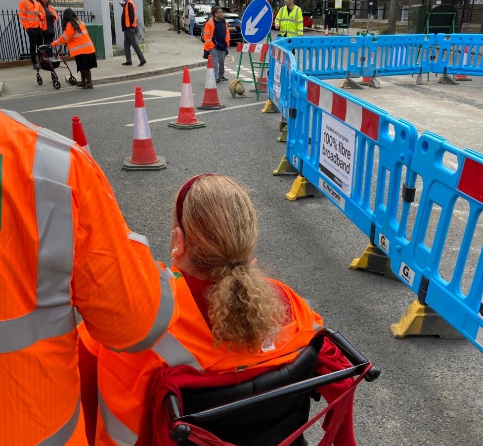 MBCyclingTM's tweet photo. With @RBKC promoting disability equality at roadworks. Good to see @CadentGasLtd @GNetworkComms & @UKPNnews in attendance. Thanks to #ADKC members for highlighting what barriers to access look like & what we must consider with traffic management design! https://t.co/E4RXMqas2i
