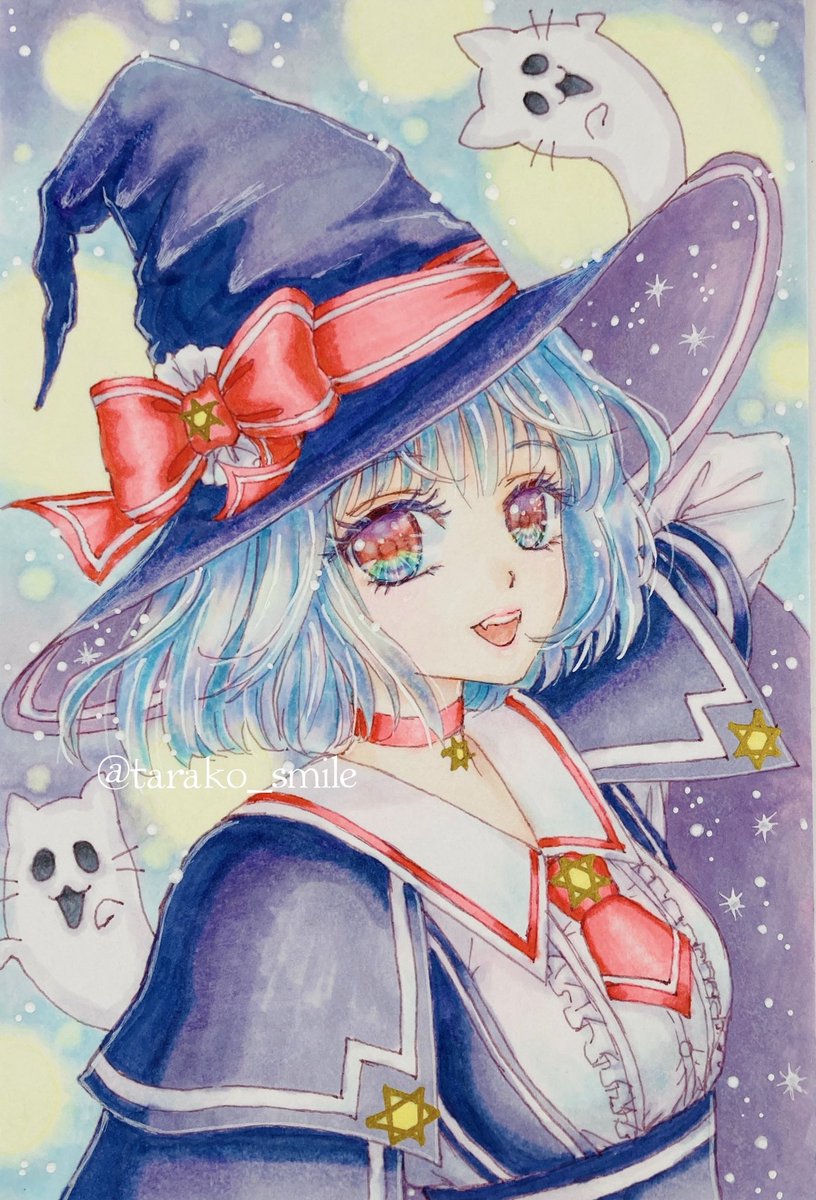 1girl hat witch hat blue hair red necktie solo traditional media  illustration images