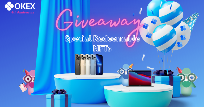 okx's tweet photo. #OKEx is officially 4️⃣ today 🎉

🥂 To thank you all for your support, we're giving away 5 #NFTs that are redeemable for @Apple products 🎁

👉 Follow @OKEx @JayHao8
💙 &amp; 🔂 w/ "#OKEx Happy Birthday" &amp; @ 3frds

Slide to the right 👉 for prizes &amp; enter👇