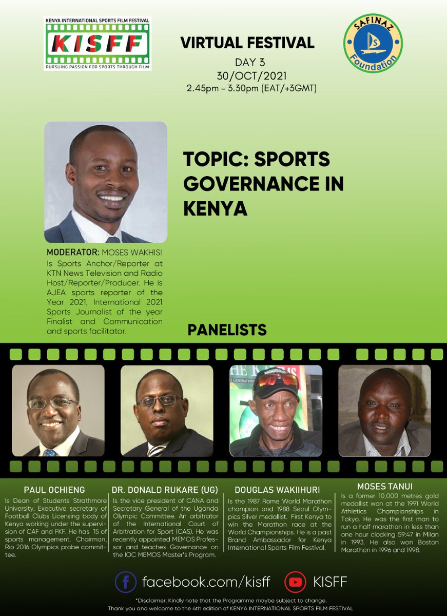 kisffkenya's tweet photo. Do you want to know more about Sports Governance in Kenya? This is the panel discussion for you. Watch it live on https://t.co/G8ty3JiM9i #KISFF2021 https://t.co/yvC0AsbDs0