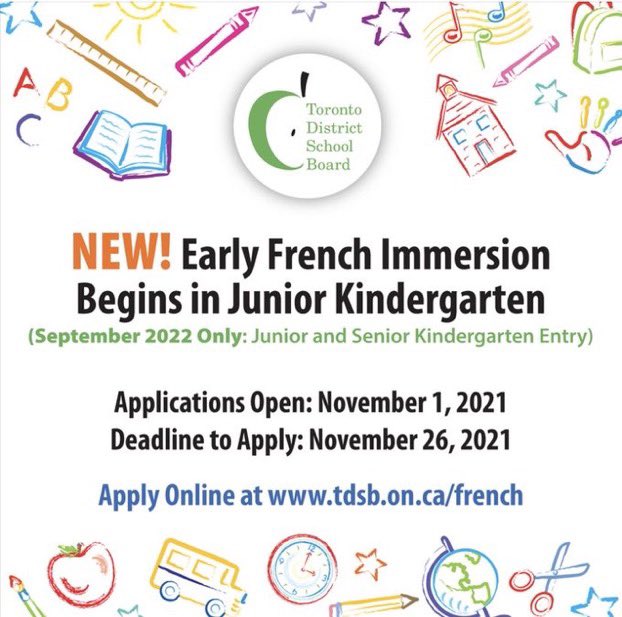 TDSB_Corvette's tweet photo. Registration for JK and SK French Immersion opens on Monday, November 1!! Please visit: https://t.co/yZ0ygNNBZ5 https://t.co/VlVgpyaJym