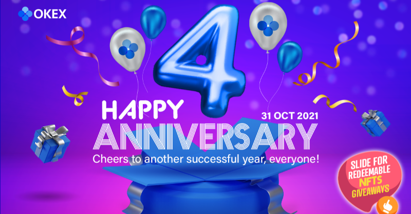 okx's tweet photo. #OKEx is officially 4️⃣ today 🎉

🥂 To thank you all for your support, we're giving away 5 #NFTs that are redeemable for @Apple products 🎁

👉 Follow @OKEx @JayHao8
💙 &amp; 🔂 w/ "#OKEx Happy Birthday" &amp; @ 3frds

Slide to the right 👉 for prizes &amp; enter👇