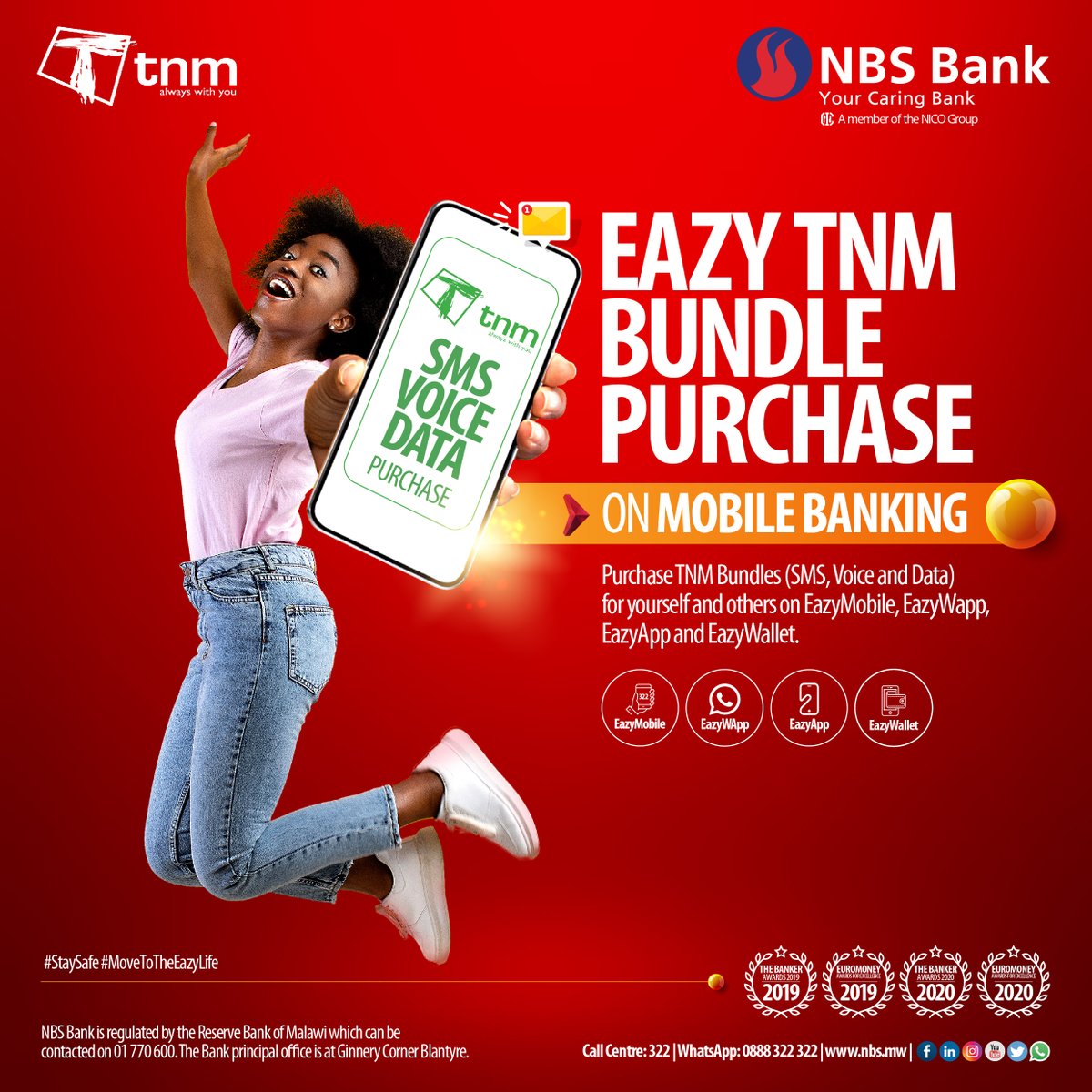 NBSBankMw's tweet photo. Get TNM Bundles (SMS, Voice and Data) for yourself and others.
-EazyMobile
-EazyWapp
-EazyApp
- EazyWallet
#NBSBank
#YourCaringBank
#EazyLife https://t.co/eWL6Wqz0Lu