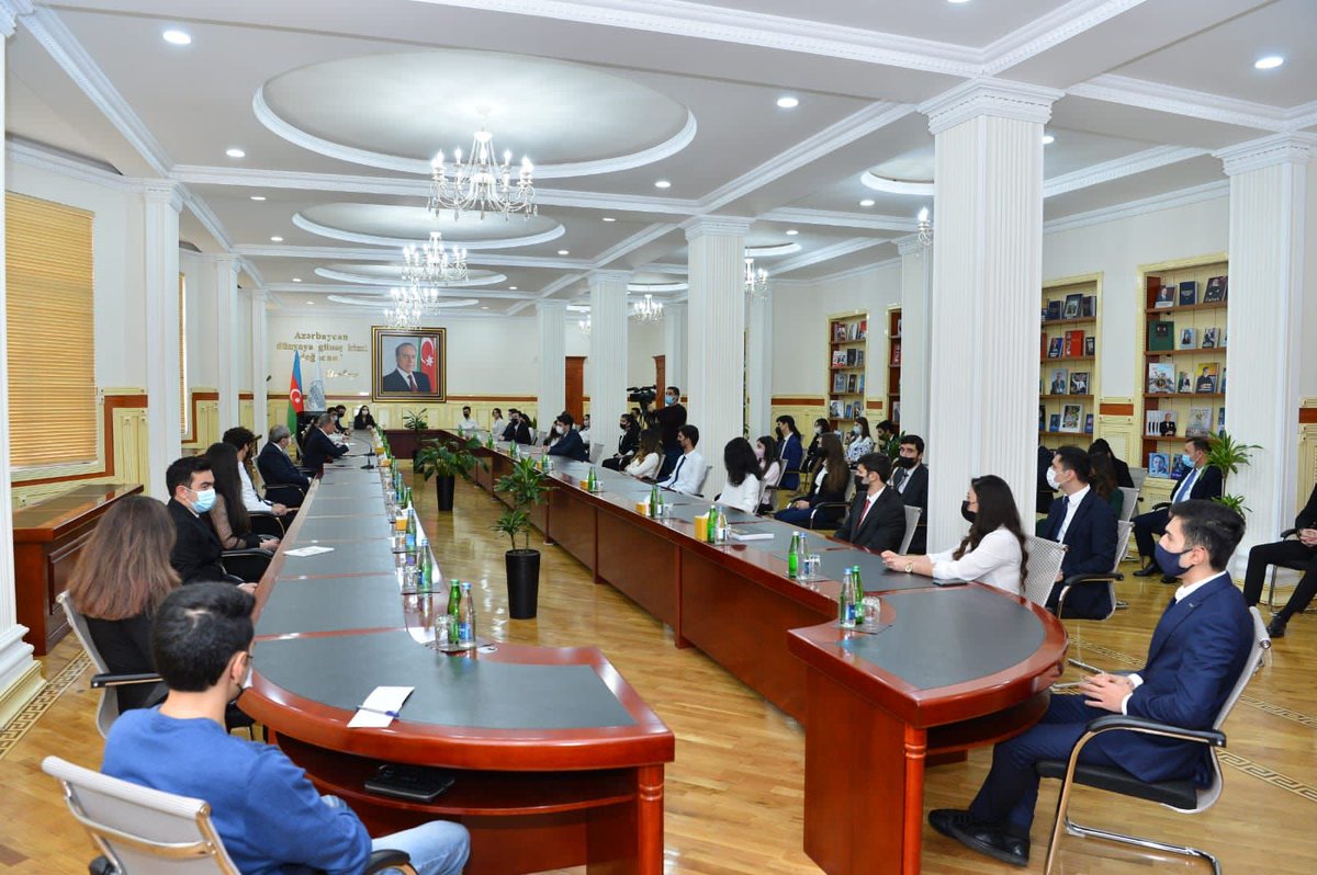 AzerbaijanMFA's tweet photo. Happening now: FM @Bayramov_Jeyhun is delivering a lecture on the foreign policy of #Azerbaijan during &amp; after the 44-Day #PatrioticWar to the students from 8 #Azerbaijani Universities at #BakuStateUniversity @bdu_eduaz https://t.co/vI4E9HCSmY