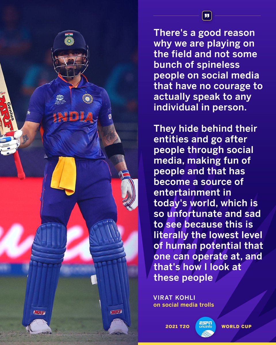 cricinfo's tweet photo. "This drama created on the outside is purely based on people's frustrations, their lack of self confidence, their lack of compassion, hence they find it so amusing to go after people" - @imVkohli 

#T20WorldCup https://t.co/oZmHlBr1Jv