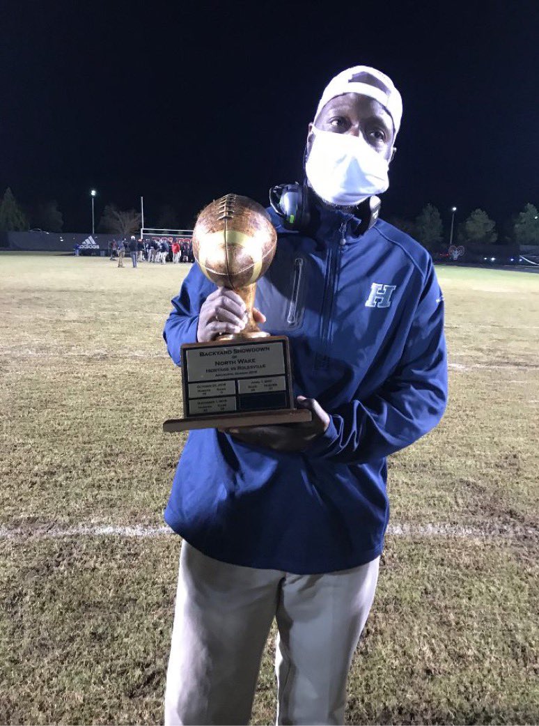 FournierCoach's tweet photo. Backyard Showdown trophy has come home to Coach Clarks office haha. Heritage 43 Rolesville 40 https://t.co/omSZk2MIjW