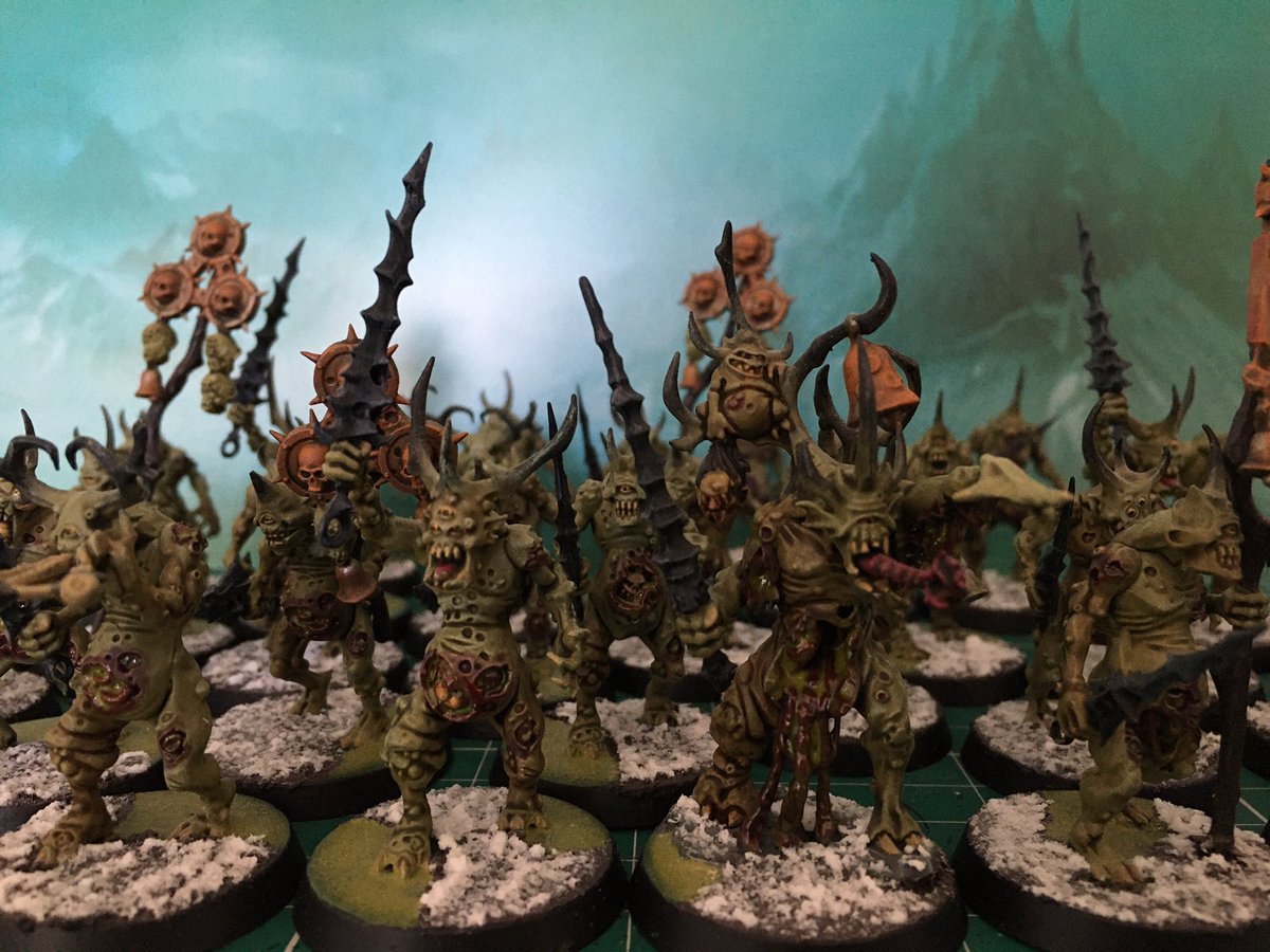 dan_smedley's tweet photo. Celebrated #warhammerday by finishing off 30 #plaguebearers and a #poxbringer this morning! Hoping for a Nurgle announcement today!!

#nurgle #maggotkin #ageofsigmar #maggotkinofnurgle #miniaturemonday #paintingwarhammer #warhammer #gamesworkshop #gw #aos #ageofsigmar https://t.co/ZNuZ0C6yT2