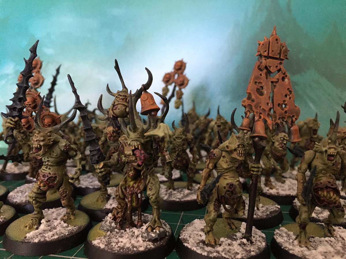 dan_smedley's tweet photo. Celebrated #warhammerday by finishing off 30 #plaguebearers and a #poxbringer this morning! Hoping for a Nurgle announcement today!!

#nurgle #maggotkin #ageofsigmar #maggotkinofnurgle #miniaturemonday #paintingwarhammer #warhammer #gamesworkshop #gw #aos #ageofsigmar https://t.co/ZNuZ0C6yT2