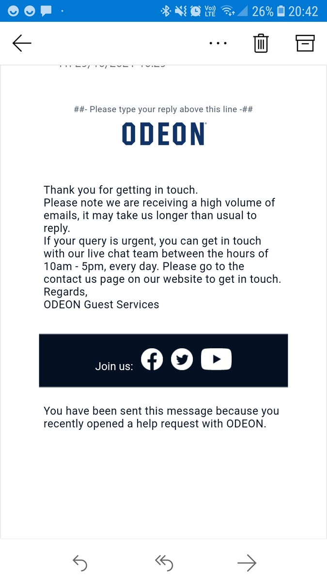 paulastley69's tweet photo. @ODEONHelp Im trying to contact you about my limitless membership but all I get is a message back...like in the pic. But no one ever gets back to me! https://t.co/cah0kMN4vG