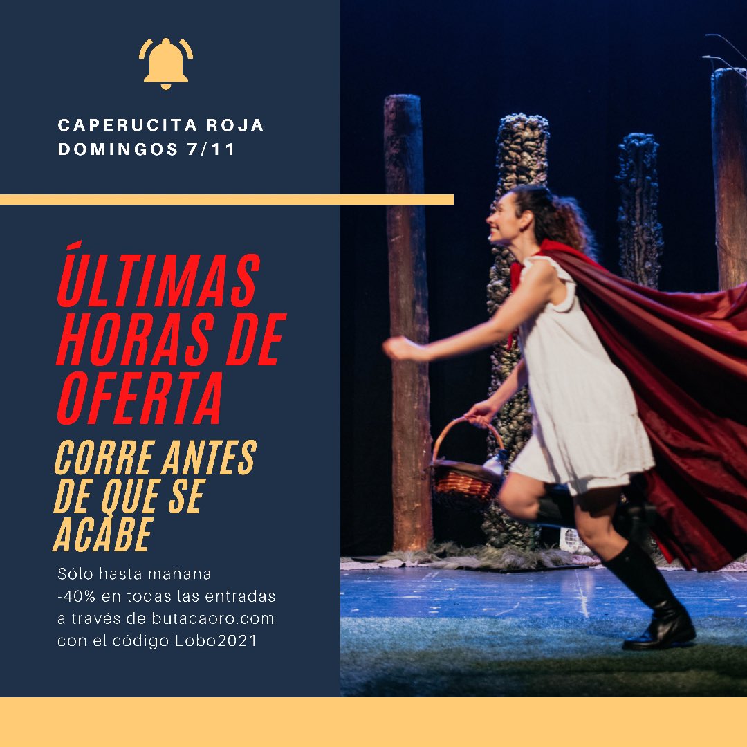 CaperuRojaMusic's tweet photo. ⏰ ¡ÚLTIMAS HORAS DE OFERTA! ⏰
-40% de descuento en CAPERUCITA ROJA que vuelve a Madrid el 7 de noviembre. Domingos a las 4PM.

💥Corre antes de que se acabe💥
Sólo en https://t.co/9HBblMKYNg con el código Lobo2021 🐺

🎟 https://t.co/qVMGI3JfYQ 🎟 https://t.co/h70MrwNqG8