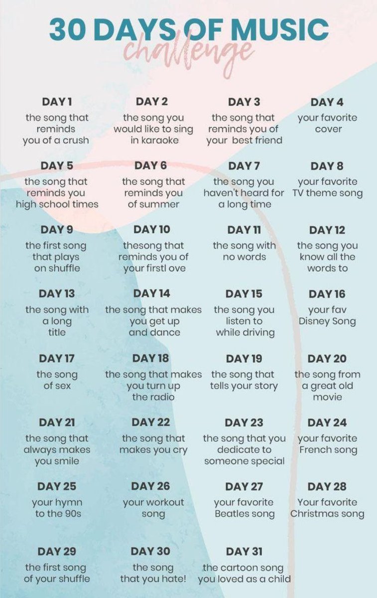 Challenge every day. Музыкальный челлендж на 30 дней. 30 day музыкальный челлендж. песенный челлендж 30 дней. 30 дней сонг челлендж.