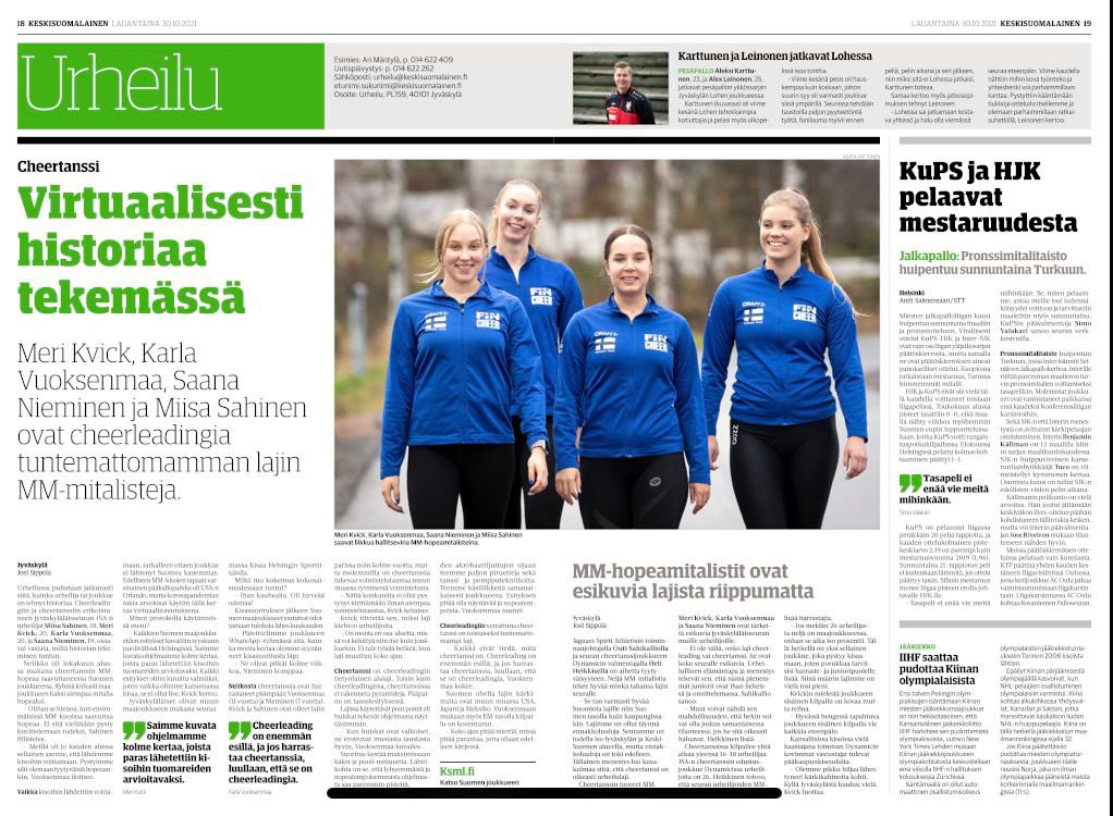JaguarsSpirit's tweet photo. Ja seuraavaksi meidän ihanat MM-mitalistit @ksmlfi kansikuvassa ja urheilusivuilla 🔥🔥🔥🔥
On nää nuoret kyllä niin huikeita 🤩
#keskisuomalainen #jaguarsspiritathletes #jaguarsperhe @teamfinlandpom @CheerleadingFI #cheertanssi https://t.co/vAbRcdhiD5