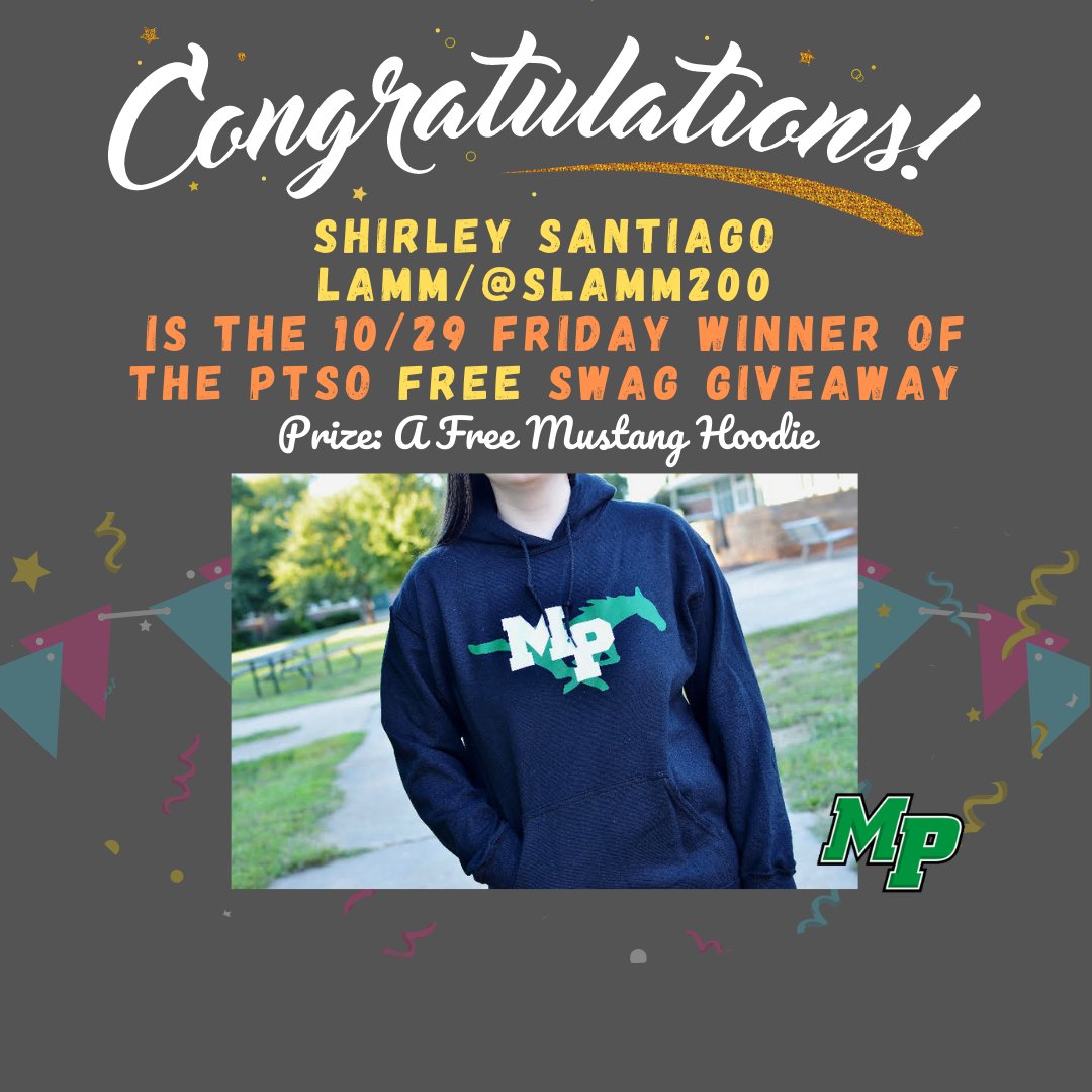 Congratulations! Shirley Santiago Lamm is the 10/29 Friday Winner of the PTSO free swag giveaway. Prize is a free Mustang Hoodie blanket courtesy of the @mphs_swag_wagon. <a href="/MyersParkHS/">Myers Park High</a>