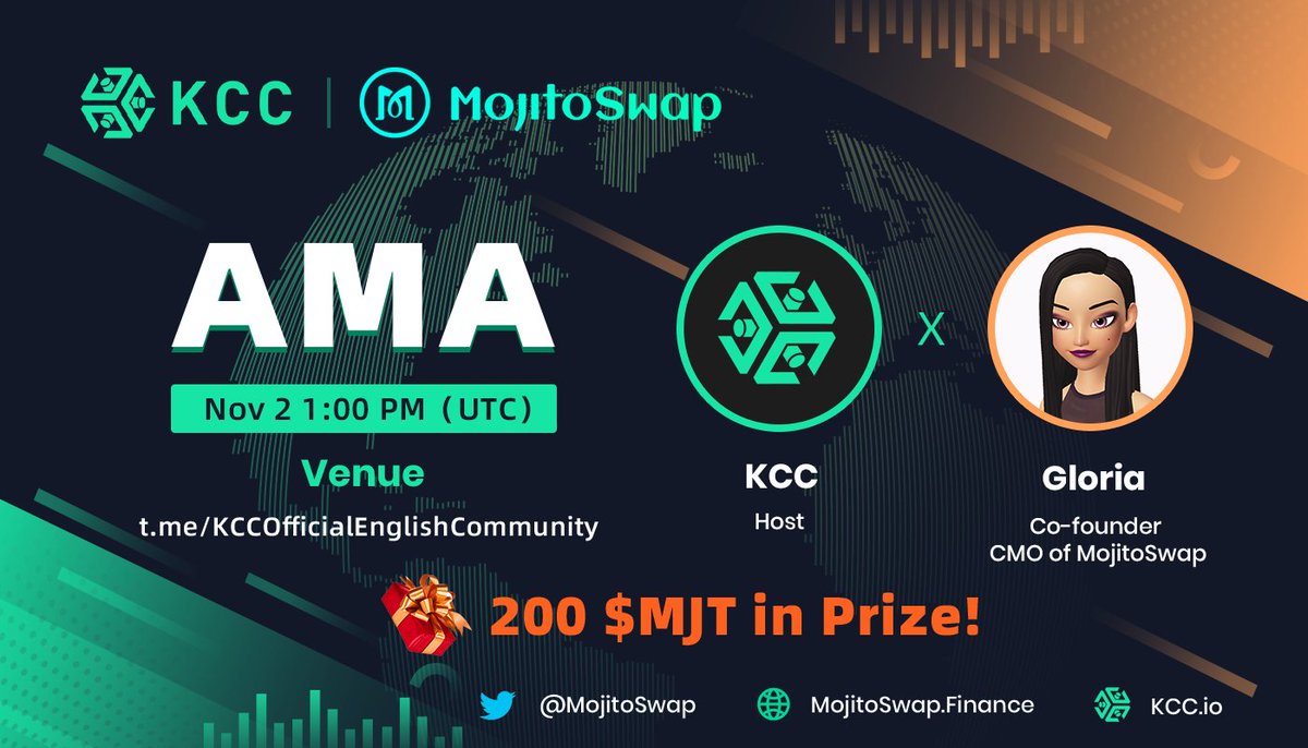 #KCCAMA series Episode7！
#KCC and <a href="/MojitoSwap/">MojitoSwap I #MojitoNFT Launched</a> is going to have an AMA next Tuesday！

⏰Date：Nov 2, 2021 1:00 PM（UTC）
🎙️Venue：t.me/KCCOfficialEng…

🎁Competition: gleam.io/WNEw6/mojitosw…