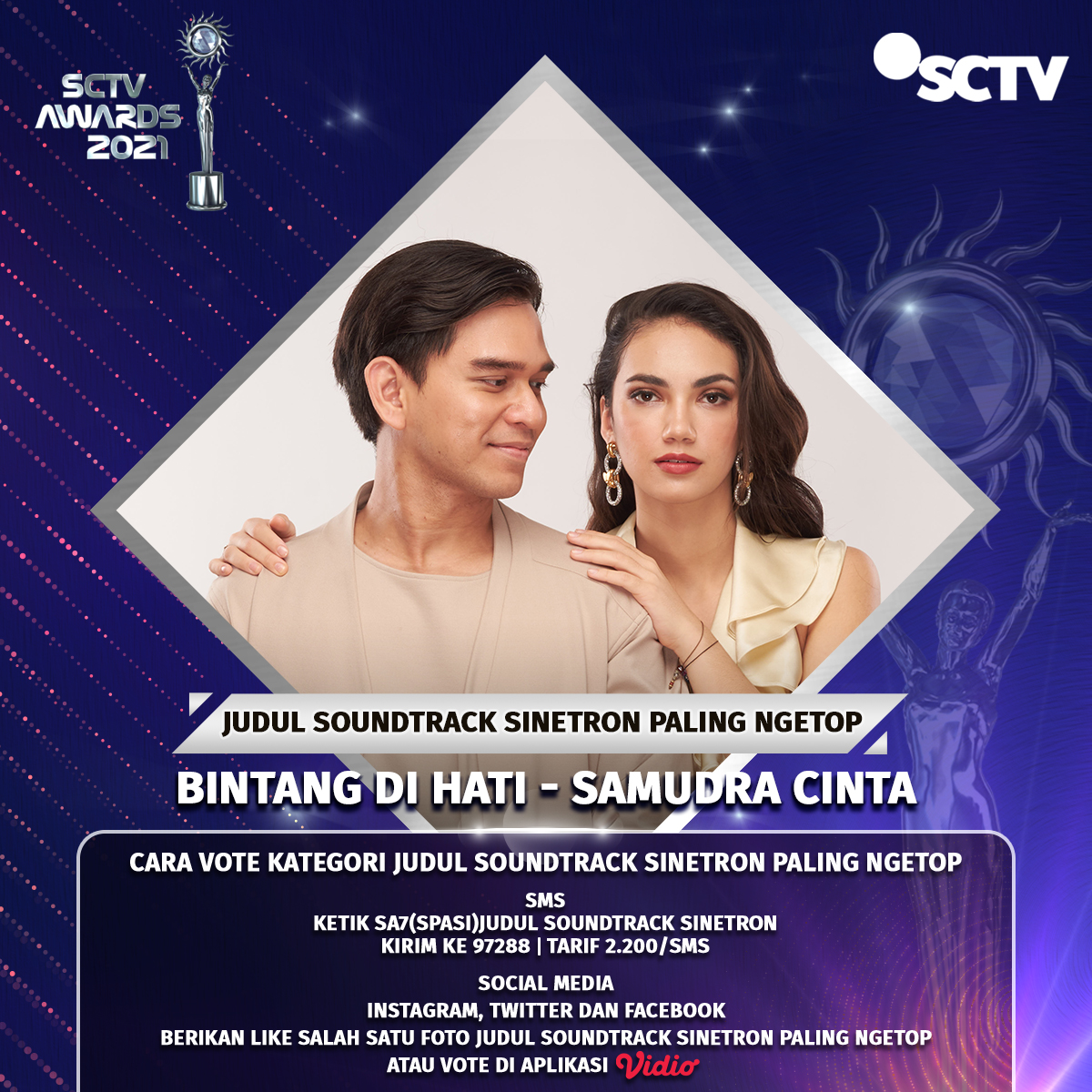 Like tweet ini Dukung Bintang Di Hati - Samudra Cinta agar bisa memenangkan Kategori Soundtrack Sinetron Paling Ngetop!
Cek mekanisme selengkapnya, ya!

#VoteSA2021 #SA7 #SCTVSpesial #SA2021OST1