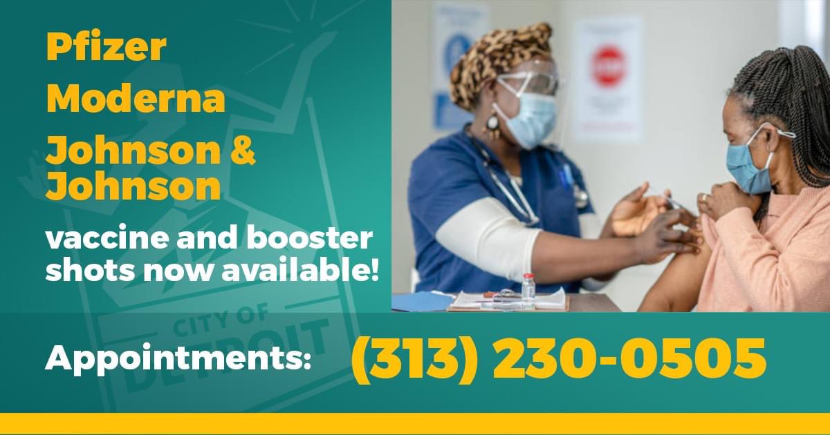 Ayers4Detroit's tweet photo. Booster shots are available at all City of Detroit vaccination sites, as well as home visits. 

Appointments are encouraged for all vaccination sites, call 313-230-0505 or schedule an appointment online at https://t.co/DTjD4fvdmL. Walk-ins are welcome. Bring your vaccination card https://t.co/TWMoWaTreU
