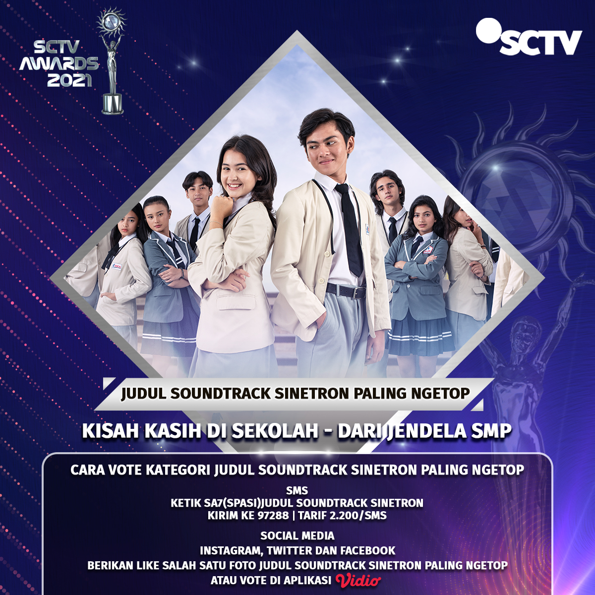 SCTV's tweet photo. Like tweet ini  KISAH KASIH DI SEKOLAH - DARI JENDELA SMP agar bisa memenangkan Kategori Soundtrack Sinetron Paling Ngetop!
Cek mekanisme selengkapnya, ya!

#VoteSA2021 #SA7 #SCTVSpesial #SA2021OST3 https://t.co/bNu5LnaGG2