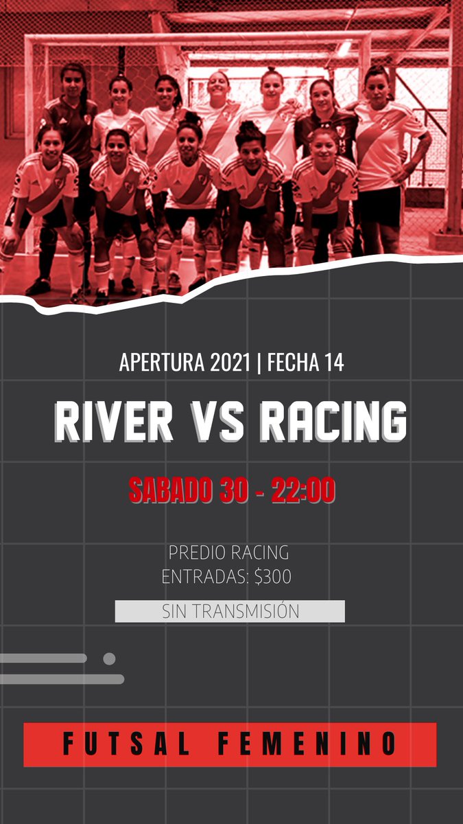 RiverFeminista's tweet photo. ¡Vamos, ⁦@carpfutsal⁩!
🆚 ⁦@RacingFutsalFem⁩ 
🏟️ Centro Deportivo Racing Club

#HayQueAlentarLAS https://t.co/Q0li80VyQx