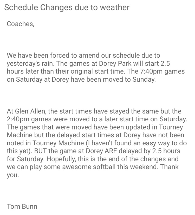 A few more delays, and then hopefully we can get on the field and play some softball!