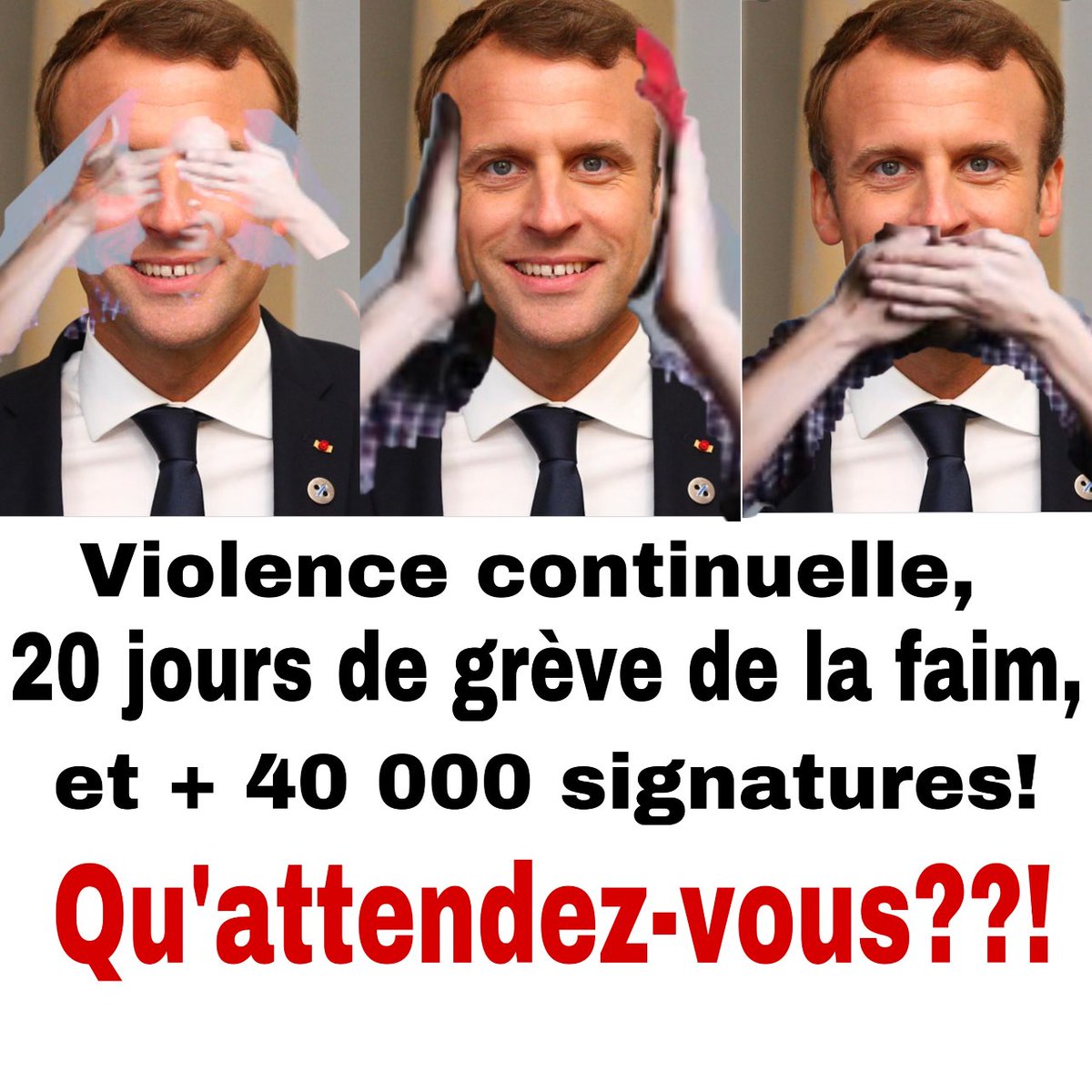 His_HMA's tweet photo. Tout va très bien cher président @EmmanuelMacron 👍
Des morts et de la #violence étatique sur nos frontières &amp; tout va bien ✌️
Des citoyens en #grève de la faim depuis 20 jours mais tout va bien 🤘
+ 40 000 signatures pour 3 demandes simples avec 0 réaction mais tout va bien 👏 https://t.co/AiFzNNpruQ