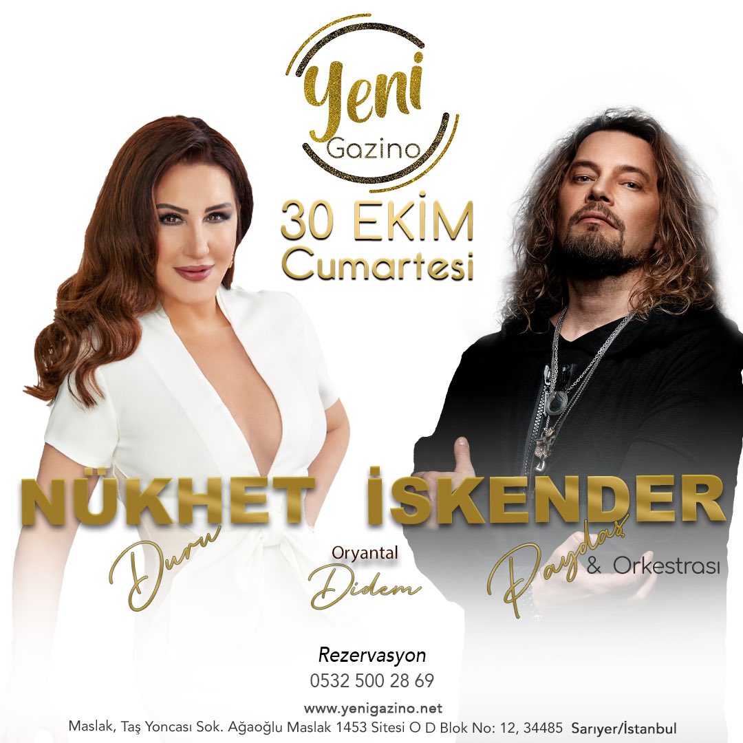 Nükhet Duru ve İskender Paydaş Orkestrası, 30 Ekim Cumartesi Maslak Yeni Gazino sahnesinde olacak. <a href="/NukhetDuru/">Nükhet Duru</a> <a href="/iskenderpaydas/">iskender paydas</a>