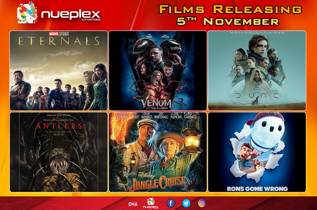 NueplexCinemas's tweet photo. Films Releasing on Friday 5th November 2021 at Nueplex Cinemas -   Get Tickets Now  - To purchase tickets and make your booking, Kindly visit #ThePlace Nueplex DHA advance counter. https://t.co/u84CpXRaII