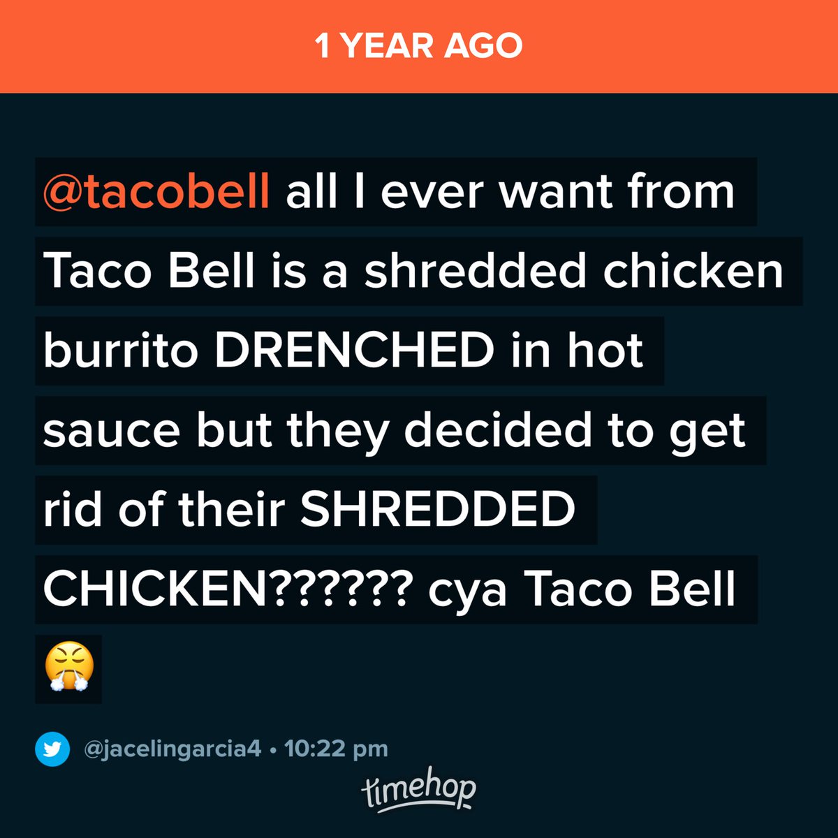 jacelingarcia4's tweet photo. ⁦@tacobell⁩ I still refuse to go back because what is the POINT?!?? The only thing I liked was that burrito 😭 BRING BACK THE SHREDDED CHICKEN ❗️❗️❗️❗️ https://t.co/UG4rDrPAPD