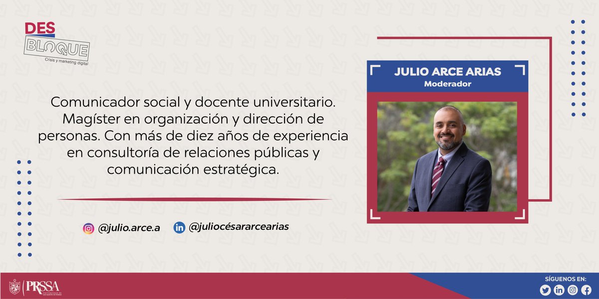 ¡Hoy te contamos quien será el moderador del primer bloque! 🤩

Él es Julio Arce, comunicador social y docente universitario.

¿Aún no te has inscrito? ¡No esperes más! 

✅ Link de inscripción 👉🏼 bit.ly/3BXQeFv

#PRSSA #USMP #FCCTP #DesBloque #Crisis #MarketingDigital