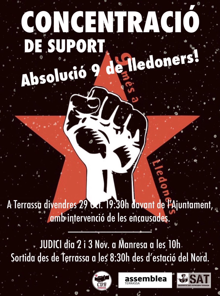 Tot el suport i estima a les companyes @NouLledoners.

Perquè contra la seva repressió, la nostra desobediència.

#JoTambéHiEra #NosaltresTambéHiErem  #AbsolucióEncausadesPerLaGene