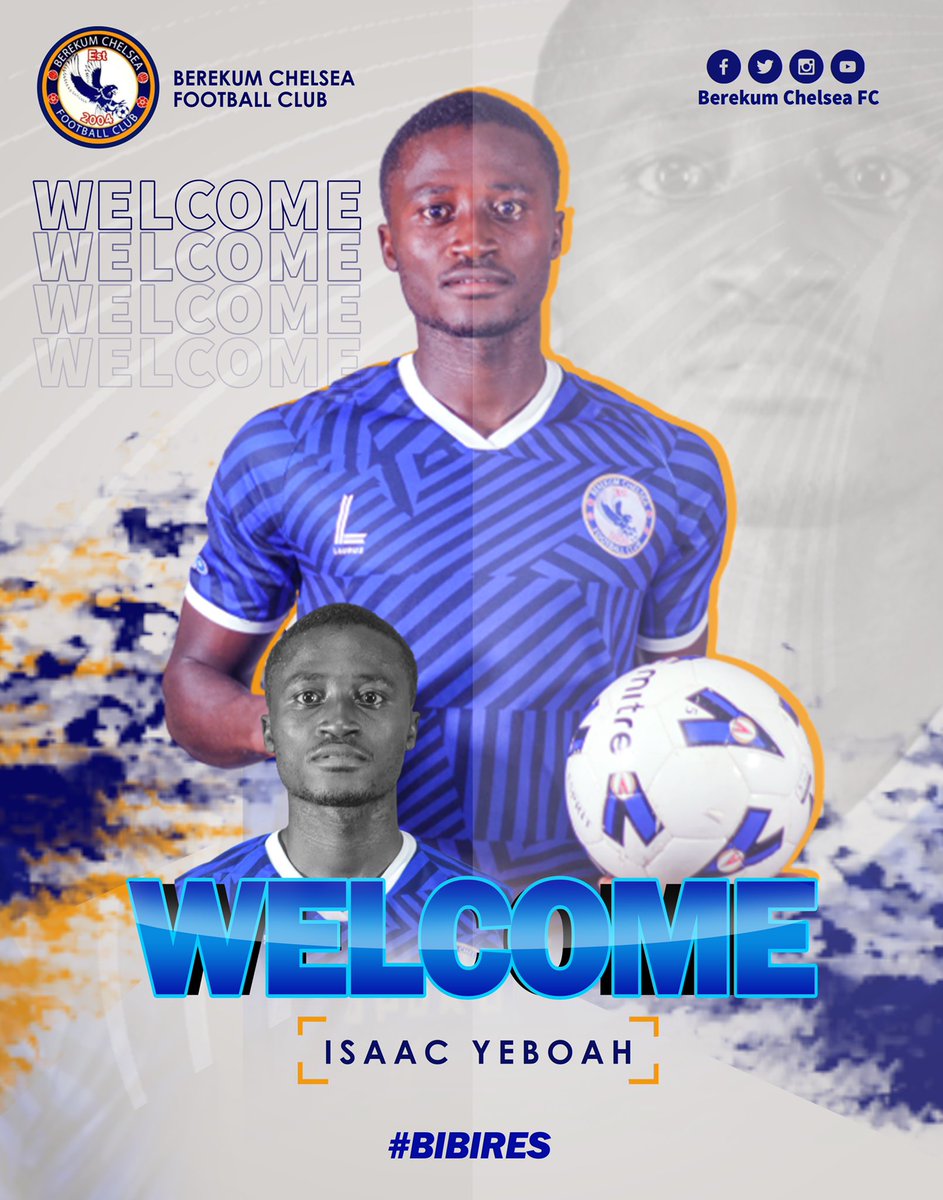 BerekumChelseaF's tweet photo. 🤝 📄|  

𝐈𝐬𝐚𝐚𝐜 𝐘𝐞𝐛𝐨𝐚𝐡 ✍🏾 a Three year deal with #Bibires! 

The midfielder joins us from Berekum Barcelona. 

Welcome, 𝐈𝐬𝐚𝐚𝐜! 🔵⚪️ https://t.co/eHo6BGaaaz