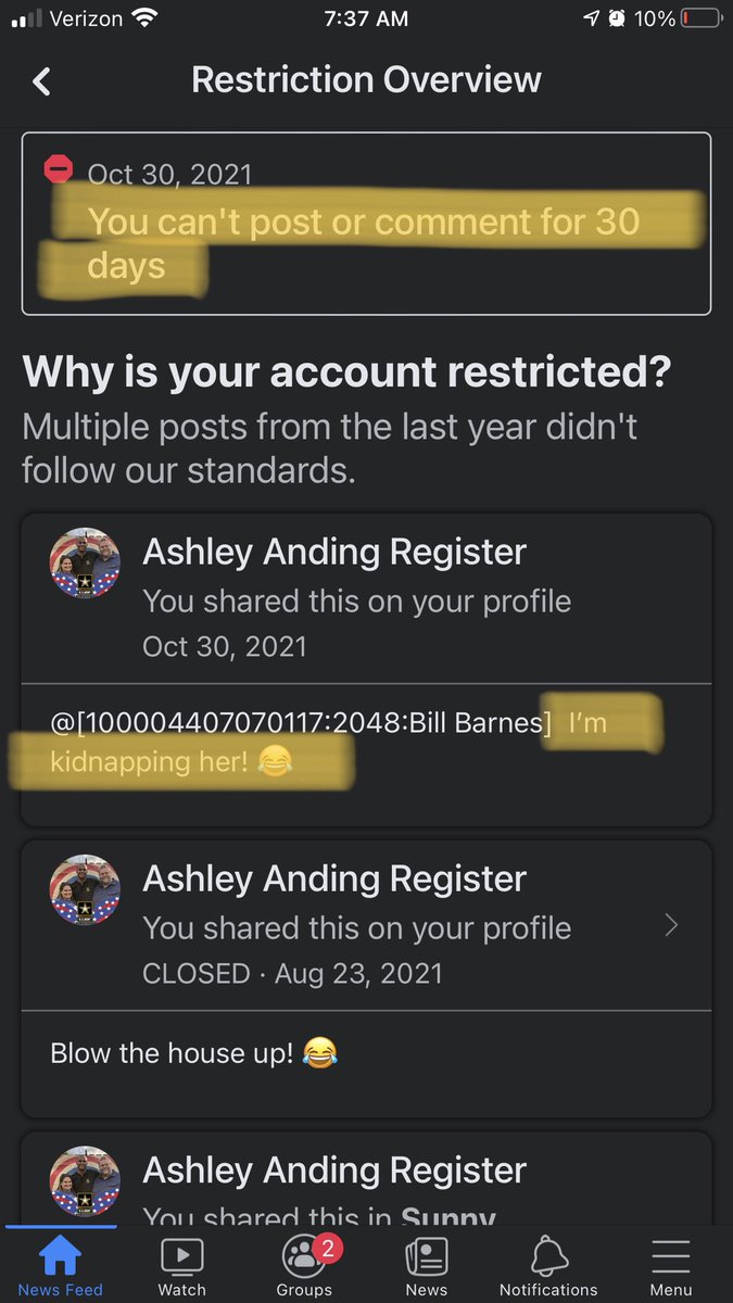 ashreg80's tweet photo. @facebook should@really teach their AI jokes / sarcasm. Banned for 30 days for telling my best friend’s husband I was kidnapping her. 🤦‍♀️🤦‍♀️🤦‍♀️ https://t.co/NnjLpaEzc8
