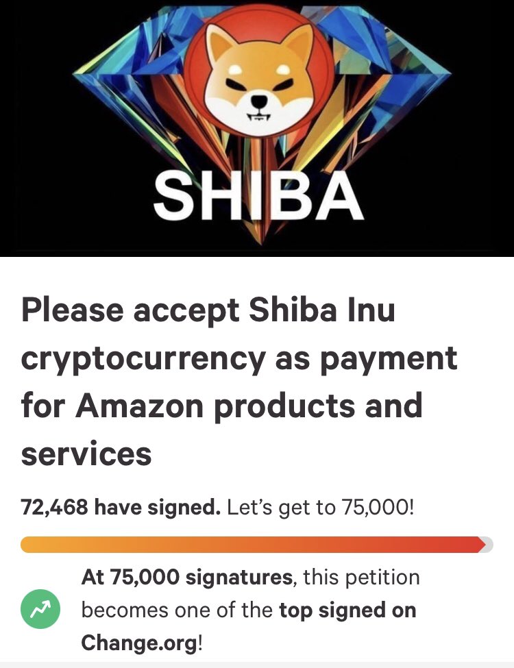 navprath's tweet photo. This is happening $SHIB will be accepted soon by #amazon if this gets considered we will be hitting $0.01 soon in end of 2021 🤞support from #SHIBARMY we can make this healthy community to grow big ,Retweet as much as we reach the goal 🚀🚀🚀🚀#ShibaSwap #ShibaCoin follow &amp; RT https://t.co/DeymS0QUzS