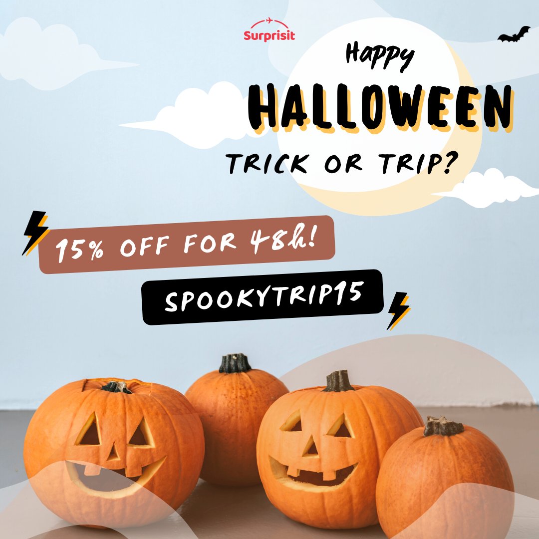 #TRICK OR #TRIP?🎃  Happy early-halloween! Book your favorite #spooky trip in the next 48 hours and get 15% off using the code 'SPOOKYTRIP15' 👻 ⚡️ 

Ready to lift your spirits?👇
 
buff.ly/3sliOeb
-
#Halloween #Travel #SpookySeason