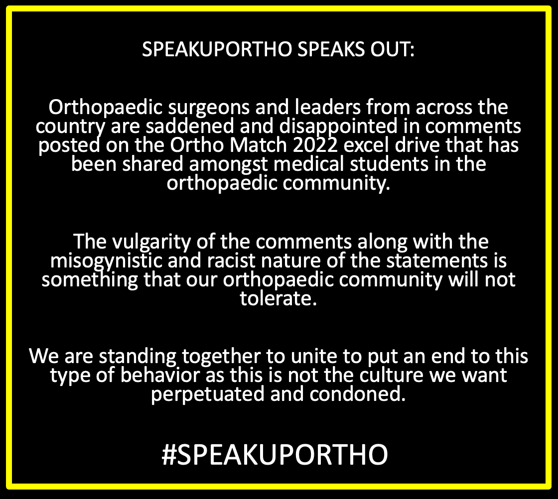 speakuportho (@speakuportho) on Twitter photo Orthopaedic surgeons/leaders are STANDING AS ONE against behaviors that demean & demoralize. There is no space for hate & it will not be tolerated. <a href="/AAOS1/">AAOS</a> <a href="/RJOSociety/">Ruth Jackson Orthopaedic Society</a> @bwos2020 <a href="/GladdenSociety/">JRGOS</a> <a href="/orthoWOW/">WOWortho</a> <a href="/OrthoDiversity/">International Orthopaedic Diversity Alliance</a> @EquityDocs <a href="/shouldergeek/">Jonathan P. Braman, MD, FAOA</a> <a href="/BillLevineMD/">Dr. William Levine</a> <a href="/acgme/">ACGME</a> <a href="/orthomentor1/">orthomentor</a> Orthopaedic surgeons/leaders are STANDING AS ONE against behaviors that demean & demoralize. There is no space for hate & it will not be tolerated. <a href="/AAOS1/">AAOS</a> <a href="/RJOSociety/">Ruth Jackson Orthopaedic Society</a> @bwos2020 <a href="/GladdenSociety/">JRGOS</a> <a href="/orthoWOW/">WOWortho</a> <a href="/OrthoDiversity/">International Orthopaedic Diversity Alliance</a> @EquityDocs <a href="/shouldergeek/">Jonathan P. Braman, MD, FAOA</a> <a href="/BillLevineMD/">Dr. William Levine</a> <a href="/acgme/">ACGME</a> <a href="/orthomentor1/">orthomentor</a>