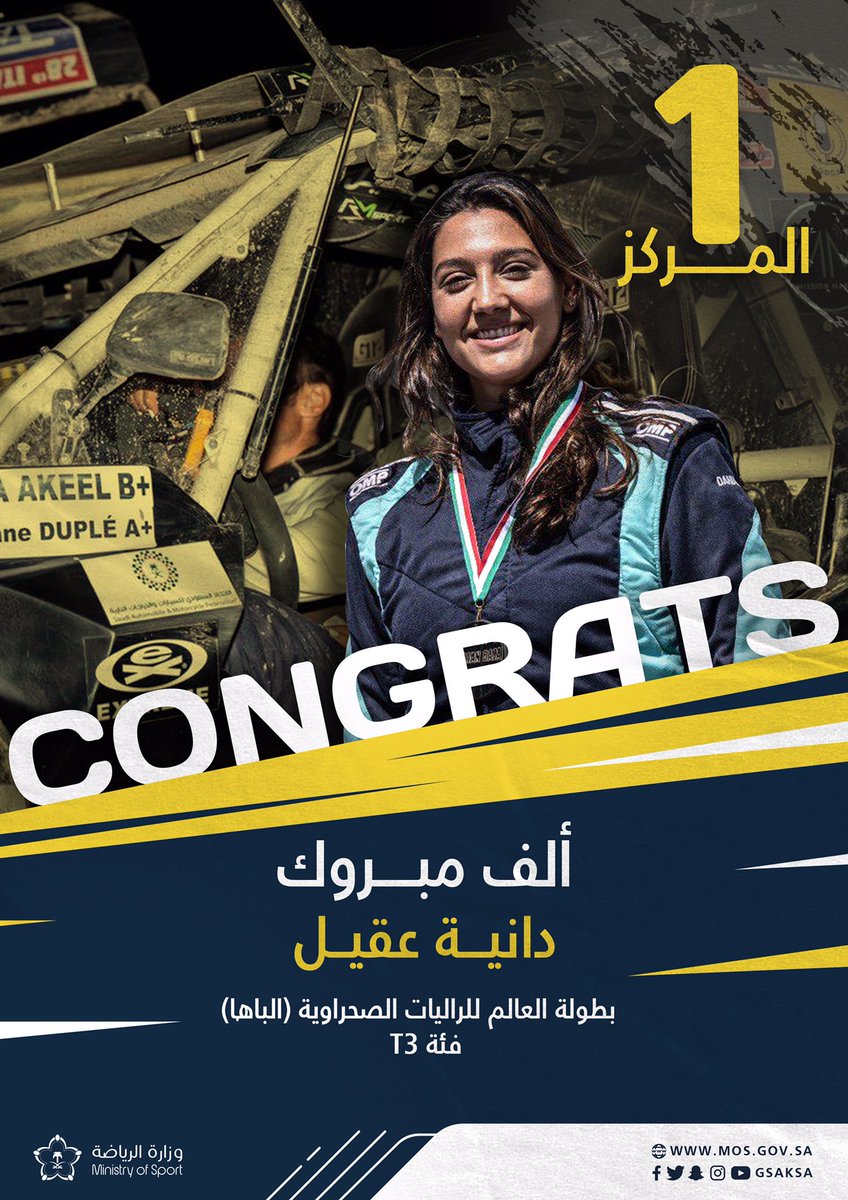mosgovsa's tweet photo. ألف مبروك .. 💪🏼

 دانية عقيل تحقق لقب بطولة العالم للراليات الصحراوية فئة T3 🤩🥇

#ذهب_العالم_سعودي 🇸🇦🏁 https://t.co/96JamV2o2m